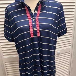 Navy Striped Polo Dress with Pink Trim